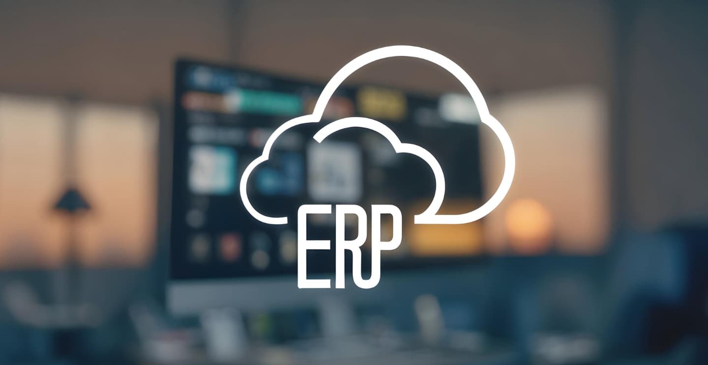 ERP cloud icon over a blurred office monitor backdrop