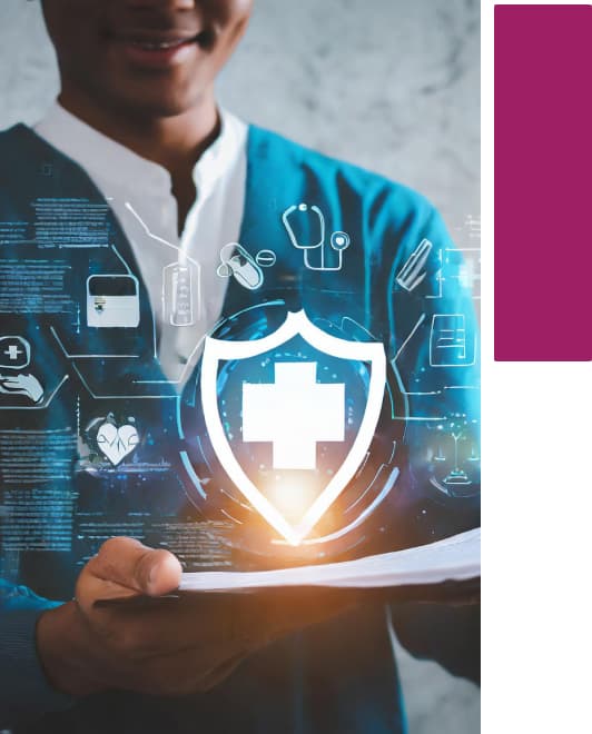 Insurance professional with digital shield and healthcare icons