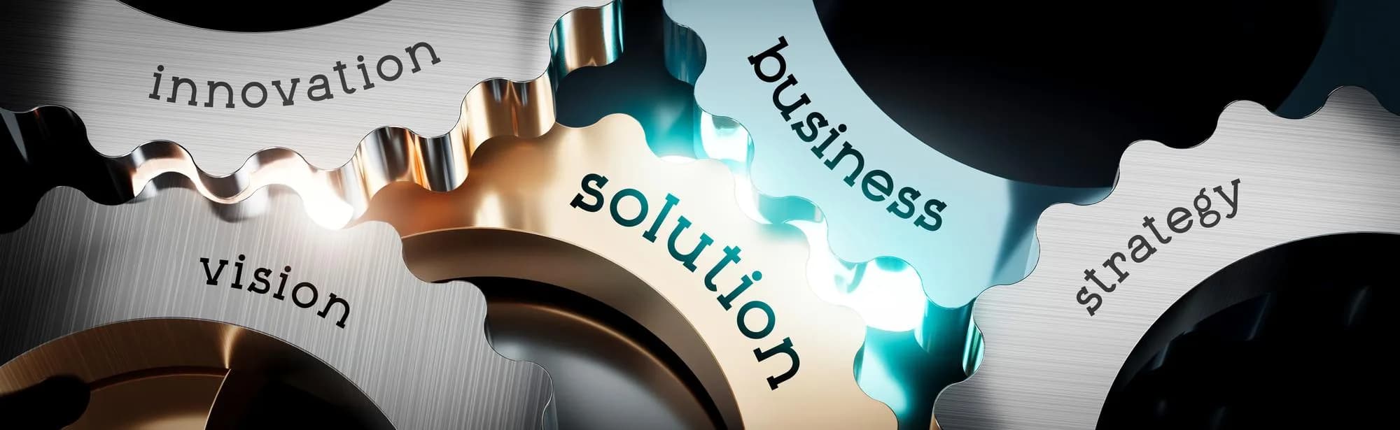 Interlocking gears labelled vision, innovation, solution, business and strategy